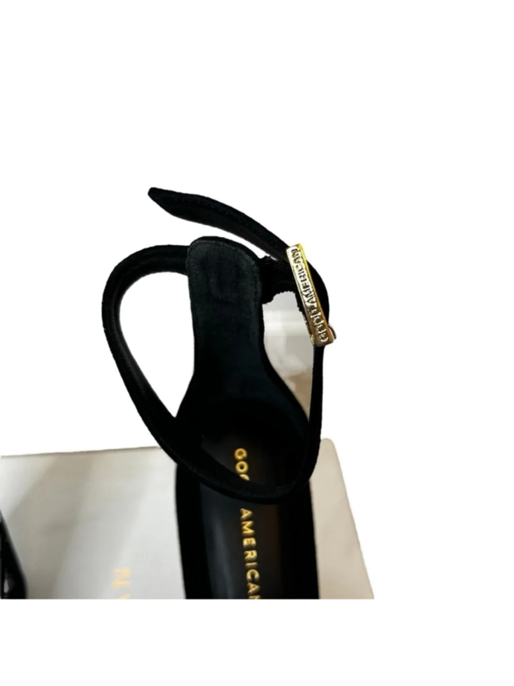 Good American Black Suede Ankle Strap Chunky Platform Sandal Heels Size 9